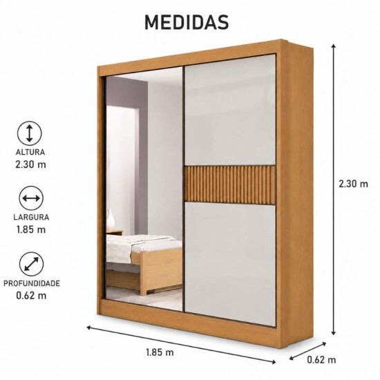 Guarda-Roupa Atenas Ripado Larg. 1.85m Cinamomo/Off C/Espelho 2 Portas 3 Gavetas - D\\\'Doro