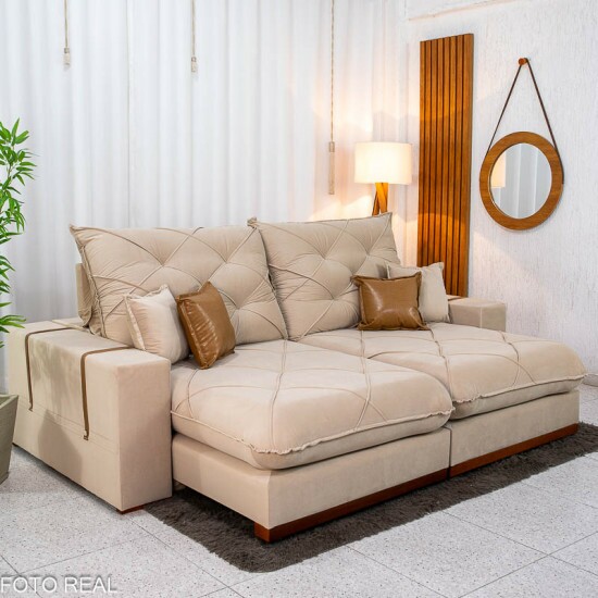 Sof� Retr�til Reclin�vel Malibu 2.50m Veludo Bege 827 - D33 e Molas Ensacadas
