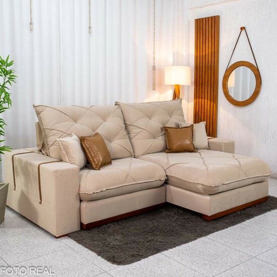 Sof� Retr�til Reclin�vel Malibu 2.50m Veludo Bege 827 - D33 e Molas Ensacadas