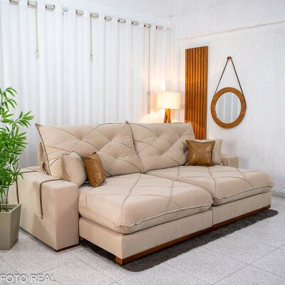 Sof� Retr�til Reclin�vel Malibu 2.90m Veludo Bege 827 - D33 e Molas Ensacadas