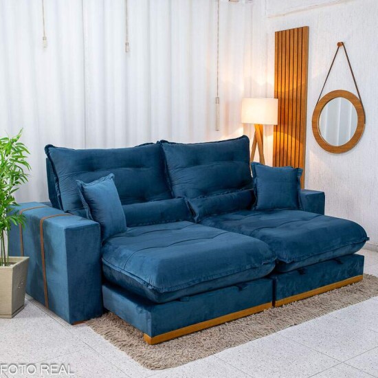 Sof� Retr�til Reclin�vel M�naco 2.50m Veludo Azul A16 - Molas Ensacadas