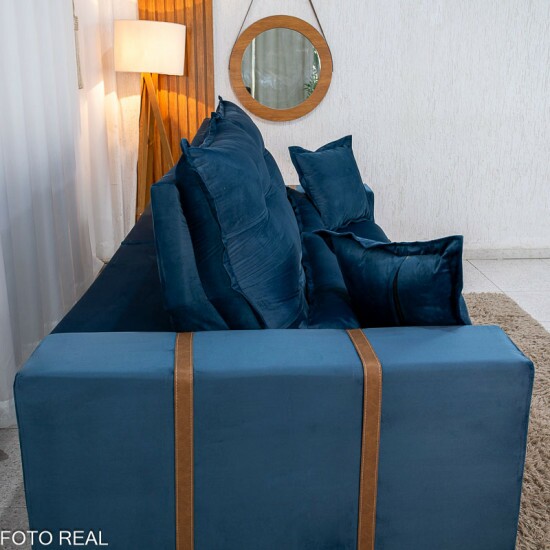 Sof� Retr�til Reclin�vel M�naco 2.50m Veludo Azul A16 - Molas Ensacadas