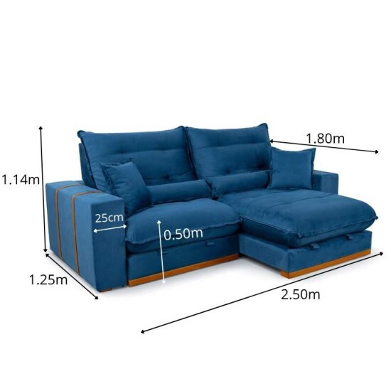 Sof� Retr�til Reclin�vel M�naco 2.50m Veludo Azul A16 - Molas Ensacadas