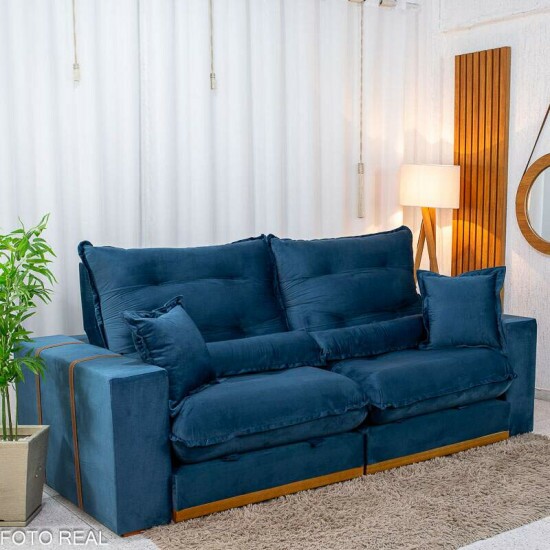 Sof� Retr�til Reclin�vel M�naco 2.50m Veludo Azul A16 - Molas Ensacadas