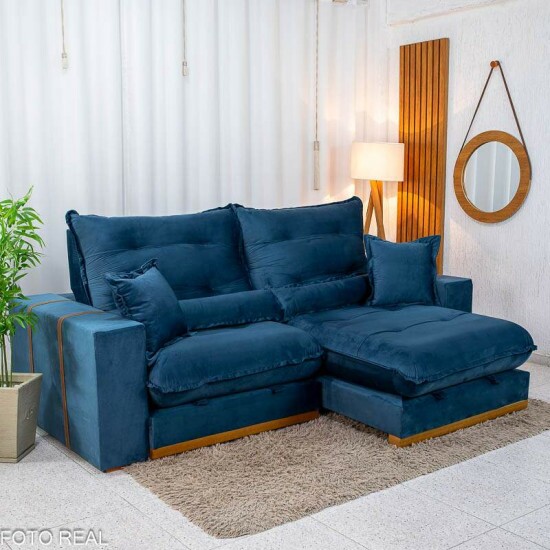 Sof� Retr�til Reclin�vel M�naco 2.50m Veludo Azul A16 - Molas Ensacadas