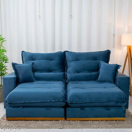 Sof� Retr�til Reclin�vel M�naco 2.50m Veludo Azul A16 - Molas Ensacadas