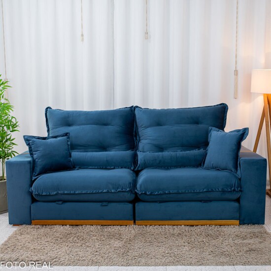 Sof� Retr�til Reclin�vel M�naco 2.50m Veludo Azul A16 - Molas Ensacadas