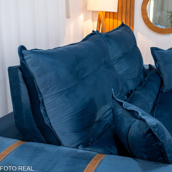 Sof� Retr�til Reclin�vel M�naco 2.50m Veludo Azul A16 - Molas Ensacadas