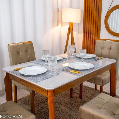 Mesa de Jantar Alegra Tampo Vidro Off 120�80 Madeira Maci�a - JCM + 4 Cad. Londres Veludo Avel� Madeira Minas Plac - Entregue Montada
