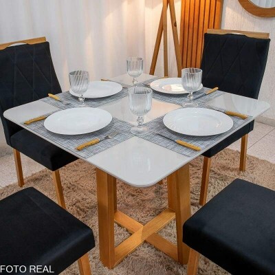 Mesa de Jantar Bali 90x90 Vidro Off/Base Madeira Minas Plac + 4 Cad. Lisboa Veludo Preto 504 Madeira Art Assento - Entregue Montada