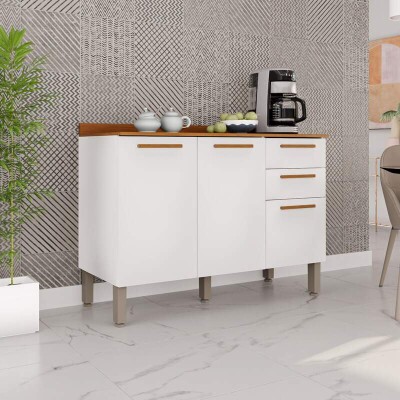 Balc�o para Cozinha New Val�ncia Branco/Cinamomo 3 Portas 2 Gavetas Larg. 1.20m - Sall�to