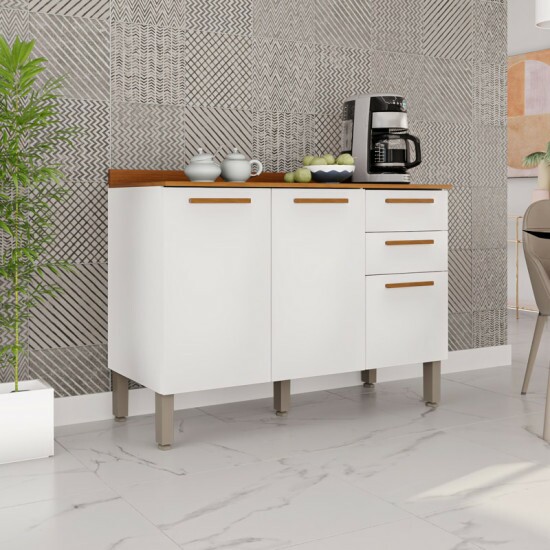 Balc�o para Cozinha New Val�ncia Branco/Cinamomo 3 Portas 2 Gavetas Larg. 1.20m - Sall�to