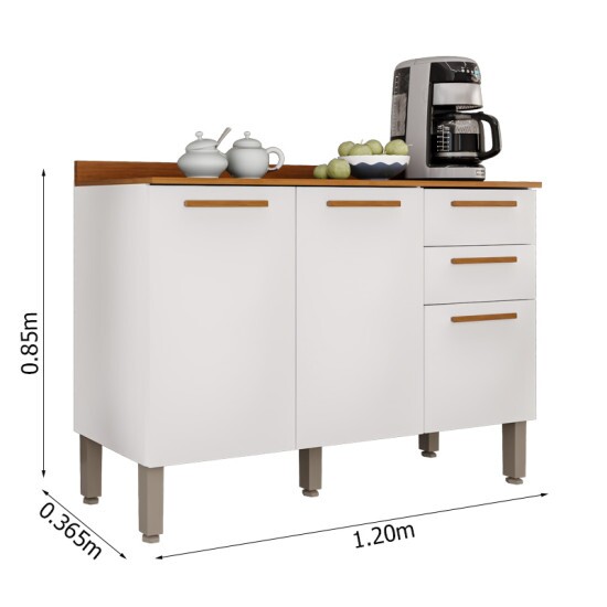 Balc�o para Cozinha New Val�ncia Branco/Cinamomo 3 Portas 2 Gavetas Larg. 1.20m - Sall�to
