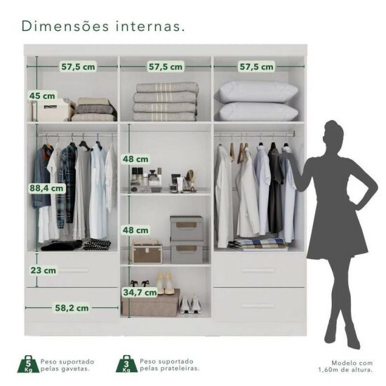 Guarda-roupa Texas Premium Branco 6 Portas 4 gavetas Larg. 1.80m - Sall�to