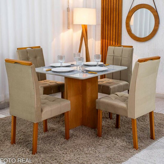 Mesa de Jantar Moscou 90x90 Vidro Off/Base Cinamomo + 4 Cad. Londres Veludo Avel� Madeira Minas Plac - Entregue Montada