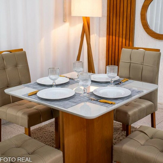 Mesa de Jantar Moscou 90x90 Vidro Off/Base Cinamomo + 4 Cad. Londres Veludo Avel� Madeira Minas Plac - Entregue Montada