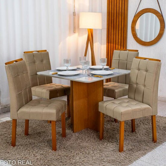 Mesa de Jantar Moscou 90x90 Vidro Off/Base Cinamomo + 4 Cad. Londres Veludo Avel� Madeira Minas Plac - Entregue Montada