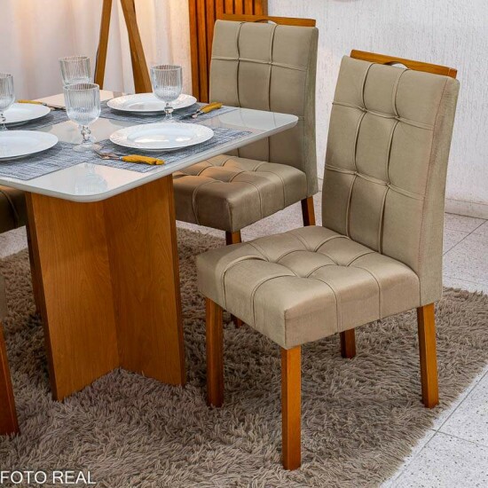 Mesa de Jantar Moscou 90x90 Vidro Off/Base Cinamomo + 4 Cad. Londres Veludo Avel� Madeira Minas Plac - Entregue Montada