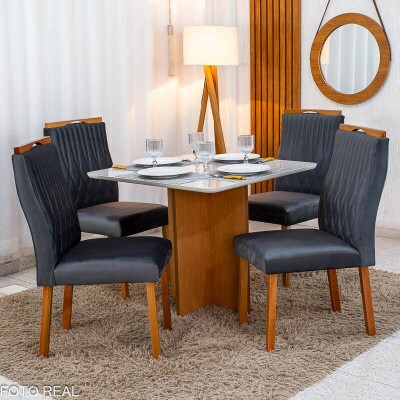 Mesa de Jantar Moscou 90x90 Vidro Off/Base Cinamomo - Minas Plac + 4 Cad. G�nova Veludo Cinza 507 Madeira Art Assentos - Entregue Montada