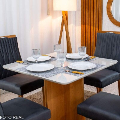Mesa de Jantar Moscou 90x90 Vidro Off/Base Cinamomo - Minas Plac + 4 Cad. G�nova Veludo Cinza 507 Madeira Art Assentos - Entregue Montada