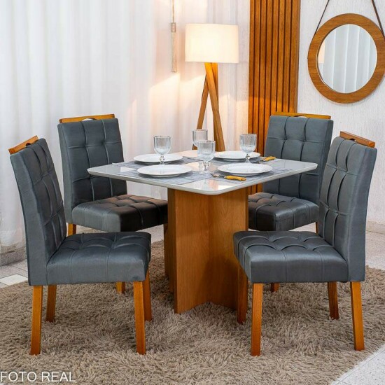 Mesa de Jantar Moscou 90x90 Vidro Off/Base Cinamomo + 4 Cad. Londres Veludo Chumbo Madeira Maci�a Minas Plac - Entregue Montada