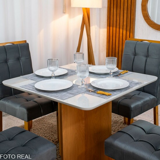 Mesa de Jantar Moscou 90x90 Vidro Off/Base Cinamomo + 4 Cad. Londres Veludo Chumbo Madeira Maci�a Minas Plac - Entregue Montada