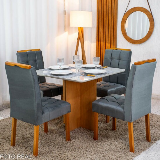 Mesa de Jantar Moscou 90x90 Vidro Off/Base Cinamomo + 4 Cad. Londres Veludo Chumbo Madeira Maci�a Minas Plac - Entregue Montada