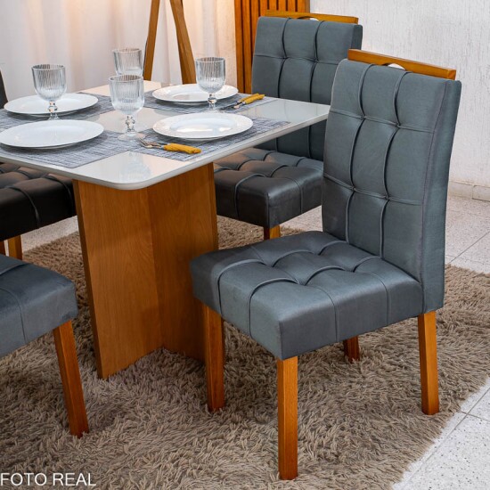 Mesa de Jantar Moscou 90x90 Vidro Off/Base Cinamomo + 4 Cad. Londres Veludo Chumbo Madeira Maci�a Minas Plac - Entregue Montada