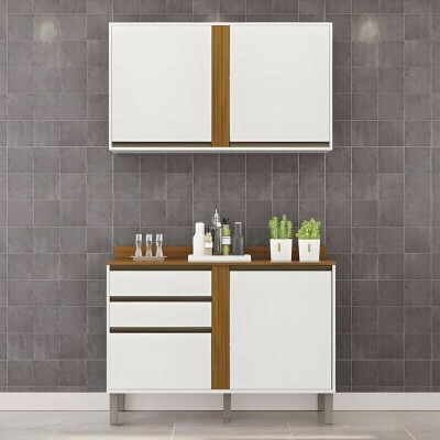 Balc�o P�rola Branco/Cinamomo 2 Portas e 2 Gavetas Larg 1.20m + A�reo P�rola 2 Portas Branco/Cinamomo Larg. 1.20m - Sall�to