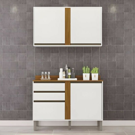 Balc�o P�rola Branco/Cinamomo 2 Portas e 2 Gavetas Larg 1.20m + A�reo P�rola 2 Portas Branco/Cinamomo Larg. 1.20m - Sall�to