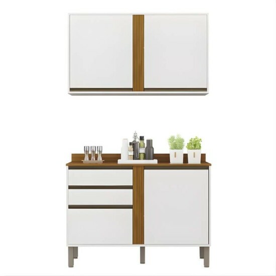 Balc�o P�rola Branco/Cinamomo 2 Portas e 2 Gavetas Larg 1.20m + A�reo P�rola 2 Portas Branco/Cinamomo Larg. 1.20m - Sall�to
