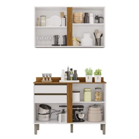 Balc�o P�rola Branco/Cinamomo 2 Portas e 2 Gavetas Larg 1.20m + A�reo P�rola 2 Portas Branco/Cinamomo Larg. 1.20m - Sall�to