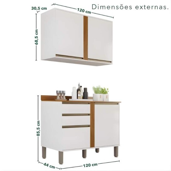 Balc�o P�rola Branco/Cinamomo 2 Portas e 2 Gavetas Larg 1.20m + A�reo P�rola 2 Portas Branco/Cinamomo Larg. 1.20m - Sall�to