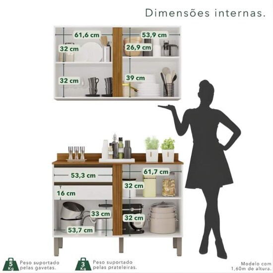 Balc�o P�rola Branco/Cinamomo 2 Portas e 2 Gavetas Larg 1.20m + A�reo P�rola 2 Portas Branco/Cinamomo Larg. 1.20m - Sall�to