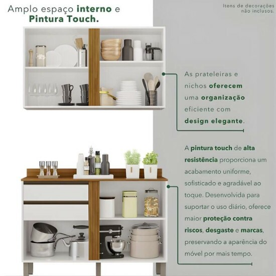 Balc�o P�rola Branco/Cinamomo 2 Portas e 2 Gavetas Larg 1.20m + A�reo P�rola 2 Portas Branco/Cinamomo Larg. 1.20m - Sall�to