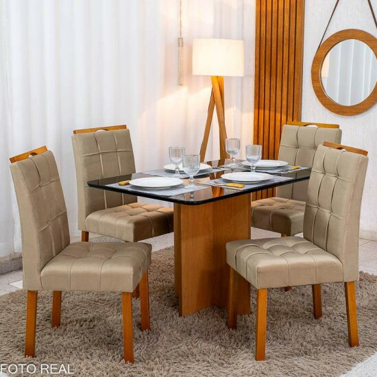 Mesa de Jantar Moscou 120x80 Vidro Preto/Base Cinamomo + 4 Cad. Londres Veludo Avel� Madeira Minas Plac - Entregue Montada