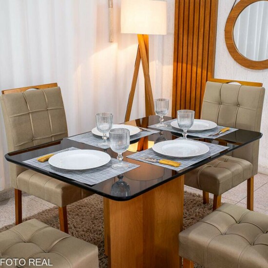 Mesa de Jantar Moscou 120x80 Vidro Preto/Base Cinamomo + 4 Cad. Londres Veludo Avel� Madeira Minas Plac - Entregue Montada