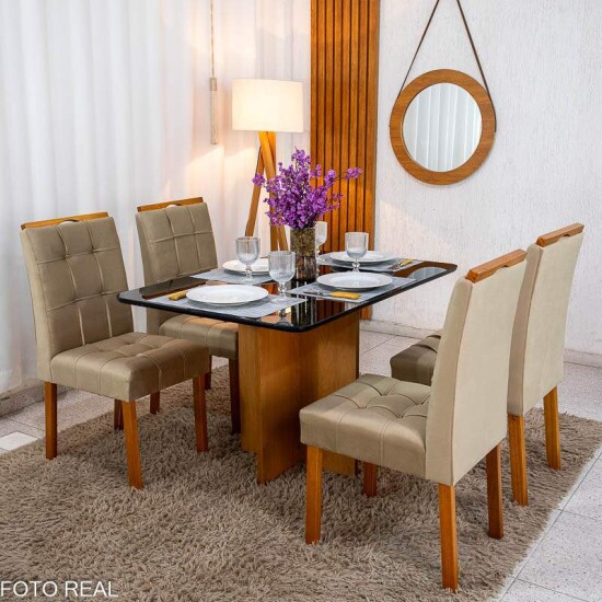 Mesa de Jantar Moscou 120x80 Vidro Preto/Base Cinamomo + 4 Cad. Londres Veludo Avel� Madeira Minas Plac - Entregue Montada