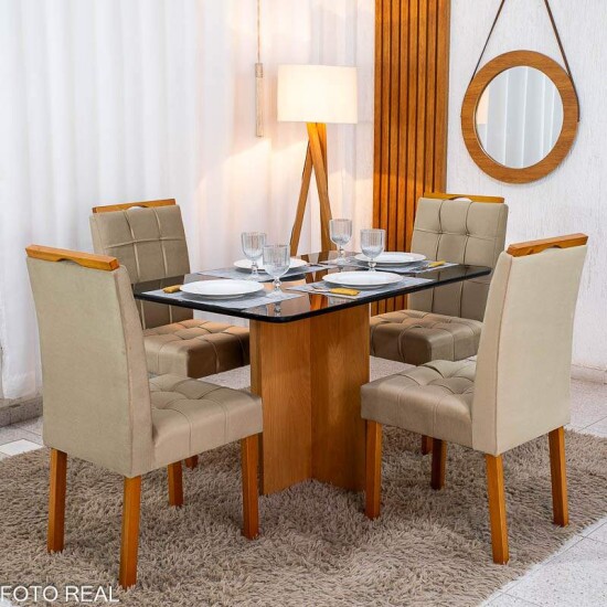 Mesa de Jantar Moscou 120x80 Vidro Preto/Base Cinamomo + 4 Cad. Londres Veludo Avel� Madeira Minas Plac - Entregue Montada