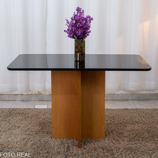 Mesa de Jantar Moscou 120x80 Vidro Preto/Base Cinamomo - Minas Plac + 4 Cad. G�nova Veludo Cinza 507 Madeira Art Assentos - Entregue Montada