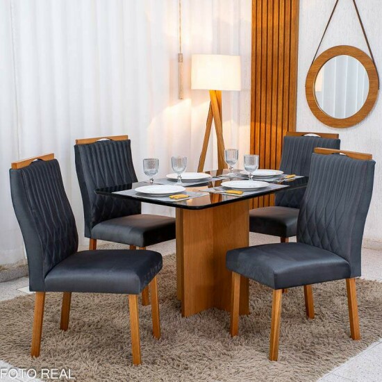 Mesa de Jantar Moscou 120x80 Vidro Preto/Base Cinamomo - Minas Plac + 4 Cad. G�nova Veludo Cinza 507 Madeira Art Assentos - Entregue Montada