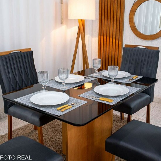 Mesa de Jantar Moscou 120x80 Vidro Preto/Base Cinamomo - Minas Plac + 4 Cad. G�nova Veludo Cinza 507 Madeira Art Assentos - Entregue Montada