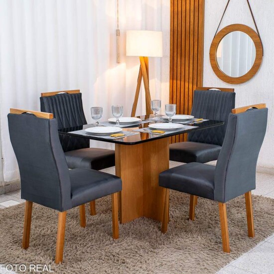Mesa de Jantar Moscou 120x80 Vidro Preto/Base Cinamomo - Minas Plac + 4 Cad. G�nova Veludo Cinza 507 Madeira Art Assentos - Entregue Montada