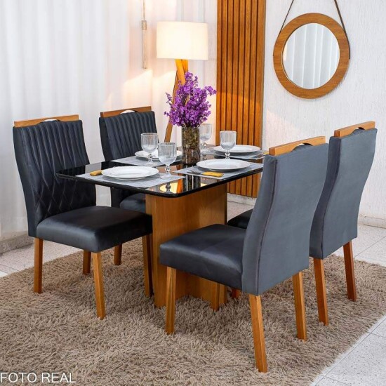 Mesa de Jantar Moscou 120x80 Vidro Preto/Base Cinamomo - Minas Plac + 4 Cad. G�nova Veludo Cinza 507 Madeira Art Assentos - Entregue Montada