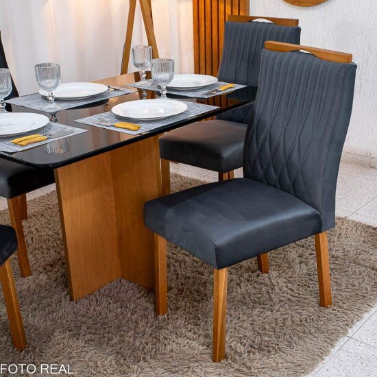 Mesa de Jantar Moscou 120x80 Vidro Preto/Base Cinamomo - Minas Plac + 4 Cad. G�nova Veludo Cinza 507 Madeira Art Assentos - Entregue Montada