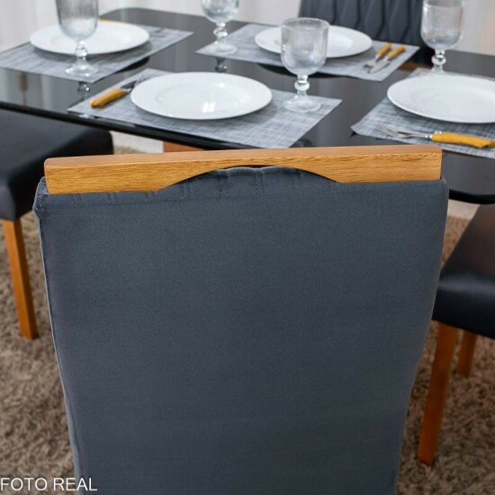 Mesa de Jantar Moscou 120x80 Vidro Preto/Base Cinamomo - Minas Plac + 4 Cad. G�nova Veludo Cinza 507 Madeira Art Assentos - Entregue Montada