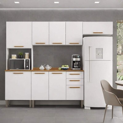 Torre Quente Cozinha New Val�ncia + Balc�o 1.20m + A�reo Triplo 3 Portas 1.20m + Arm�rio de geladeira New Val�ncia Branco/Cinamomo - Sall�to
