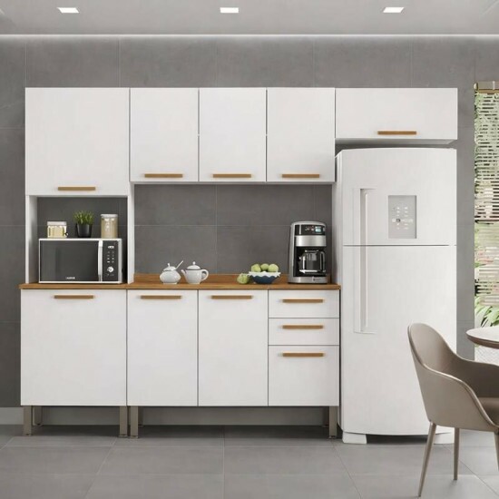 Torre Quente Cozinha New Val�ncia + Balc�o 1.20m + A�reo Triplo 3 Portas 1.20m + Arm�rio de geladeira New Val�ncia Branco/Cinamomo - Sall�to