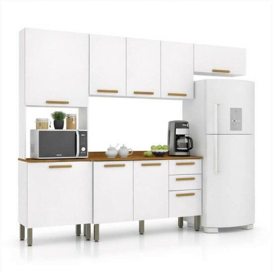 Torre Quente Cozinha New Val�ncia + Balc�o 1.20m + A�reo Triplo 3 Portas 1.20m + Arm�rio de geladeira New Val�ncia Branco/Cinamomo - Sall�to
