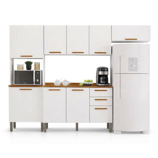 Torre Quente Cozinha New Val�ncia + Balc�o 1.20m + A�reo Triplo 3 Portas 1.20m + Arm�rio de geladeira New Val�ncia Branco/Cinamomo - Sall�to